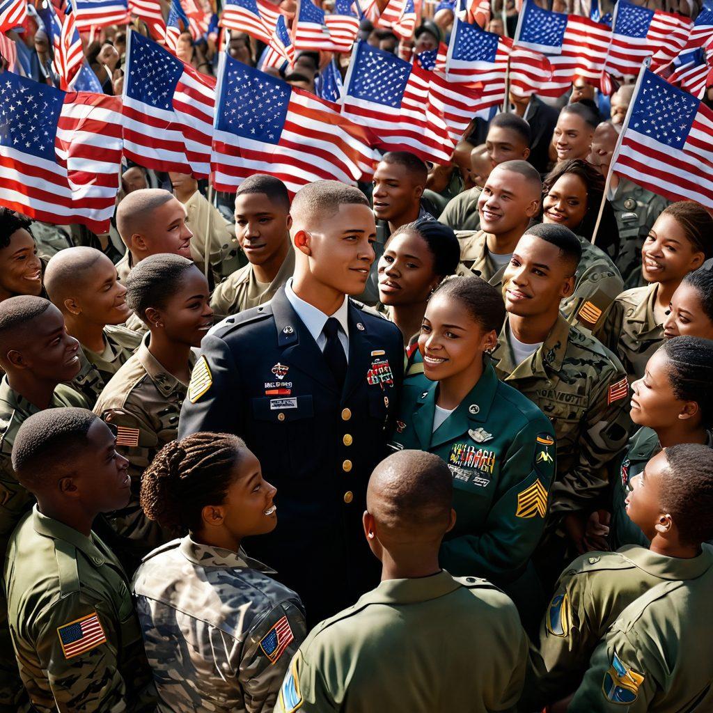 A heartwarming scene depicting diverse military service members surrounded by supportive civilians, symbolizing solidarity and compassion. Include elements of philanthropy, such as charitable donations and community gatherings, depicted through vibrant colors and warm lighting. Show a backdrop of flags and emblems of hope and unity. super-realistic. vibrant colors. 3D.