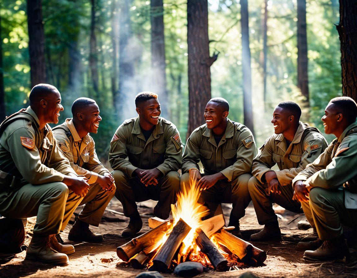 A diverse group of soldiers sharing a moment of laughter and support around a campfire in a serene forest setting, showcasing camaraderie and compassion. In the background, soft rays of sunlight filter through trees, symbolizing warmth and unity. Emphasize their camaraderie with heartfelt expressions and gestures of support. The scene should evoke a sense of peace and togetherness among the troops. super-realistic. vibrant colors. 3D.