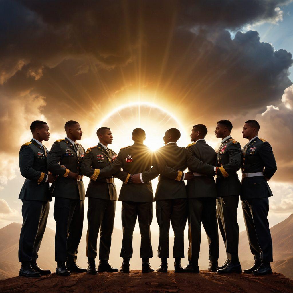 A powerful depiction of diverse military personnel forming a supportive circle, with expressions of camaraderie and resolve. The background features soft beams of sunlight breaking through dark clouds, symbolizing hope and strength. Elements like military insignia, supportive gestures, and a rugged landscape enhance the theme of unity and valor. vibrant colors. super-realistic. outdoor setting.